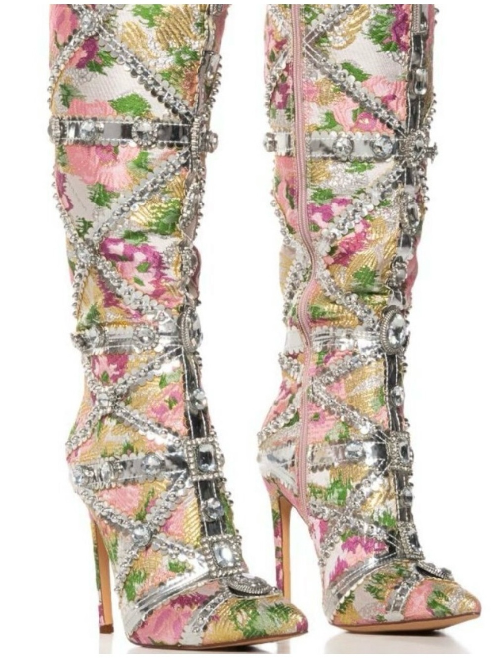 Embellished Pink Floral Over-the-Knee Stiletto Boots